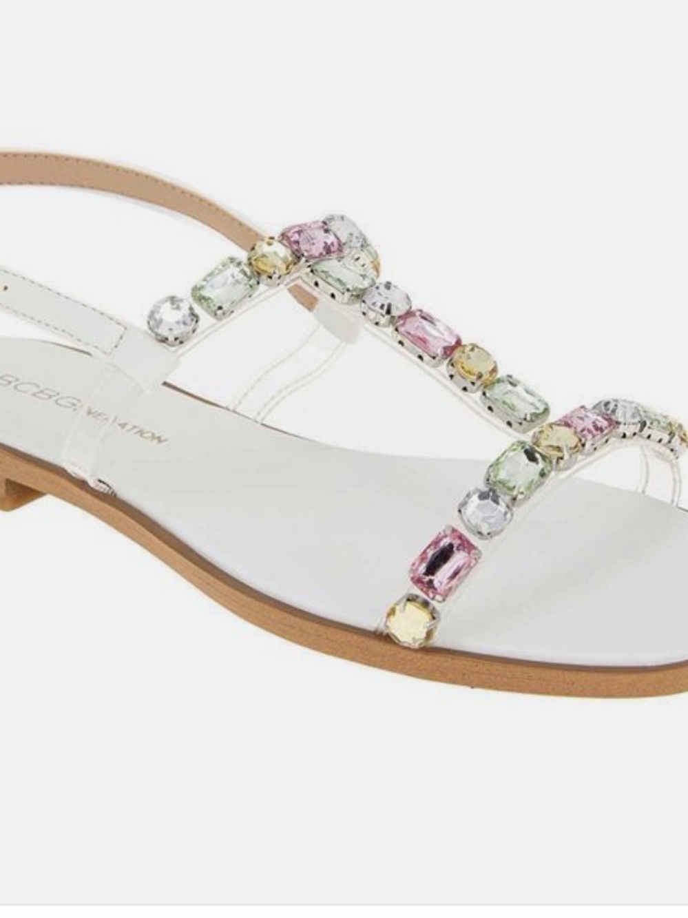 BCBGeneration White T-Strap Sandals with Pastel Gem Accents